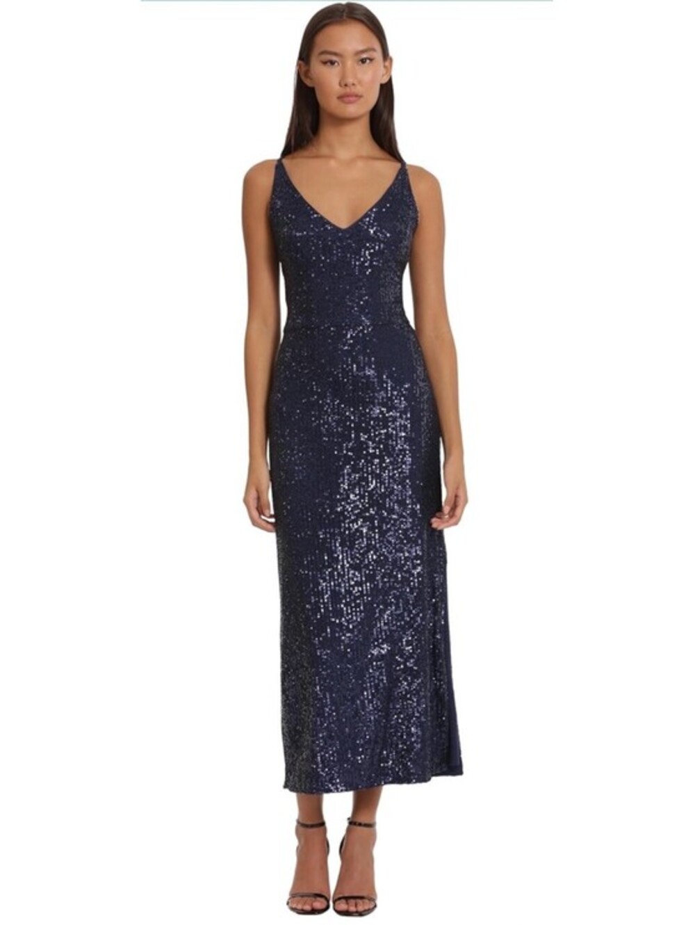 Donna Morgan Sequin V-Neck Spaghetti Strap Midi Dress High Slit Size 12 Navy